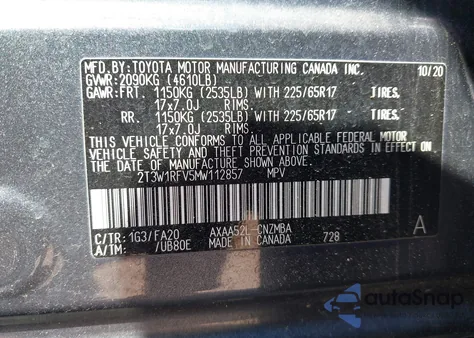 2021 Toyota Rav4 Xle z USA, uszkodzony, nr VIN 2T3W1RFV5MW112857